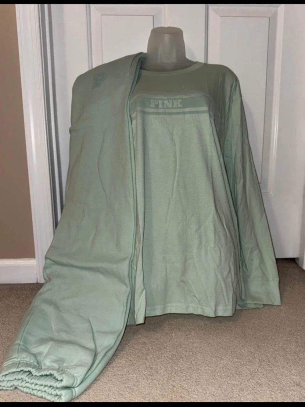 Victoria Secret Pink Green Long Sleeve Tee Classic Pant Set XL